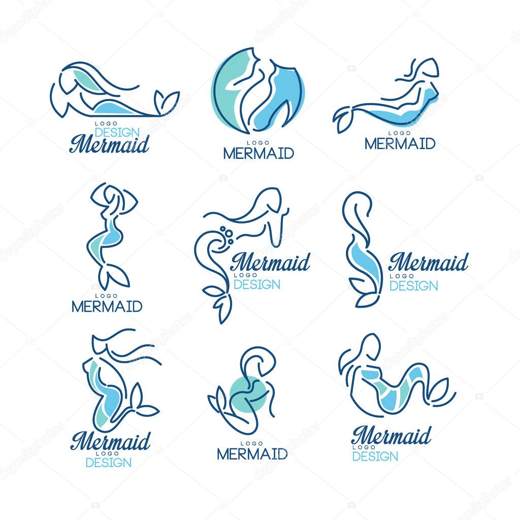 Mermaid logo design set, silhouette of mermaid for badge, invitation card, banner vector Illustrations isolated on a white background.