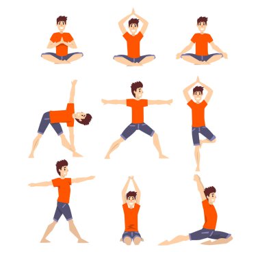Genç adam farklı asanas seti, yoga egzersizleri vektör çizimler beyaz bir arka plan yapan erkek teşkil etmektedir.