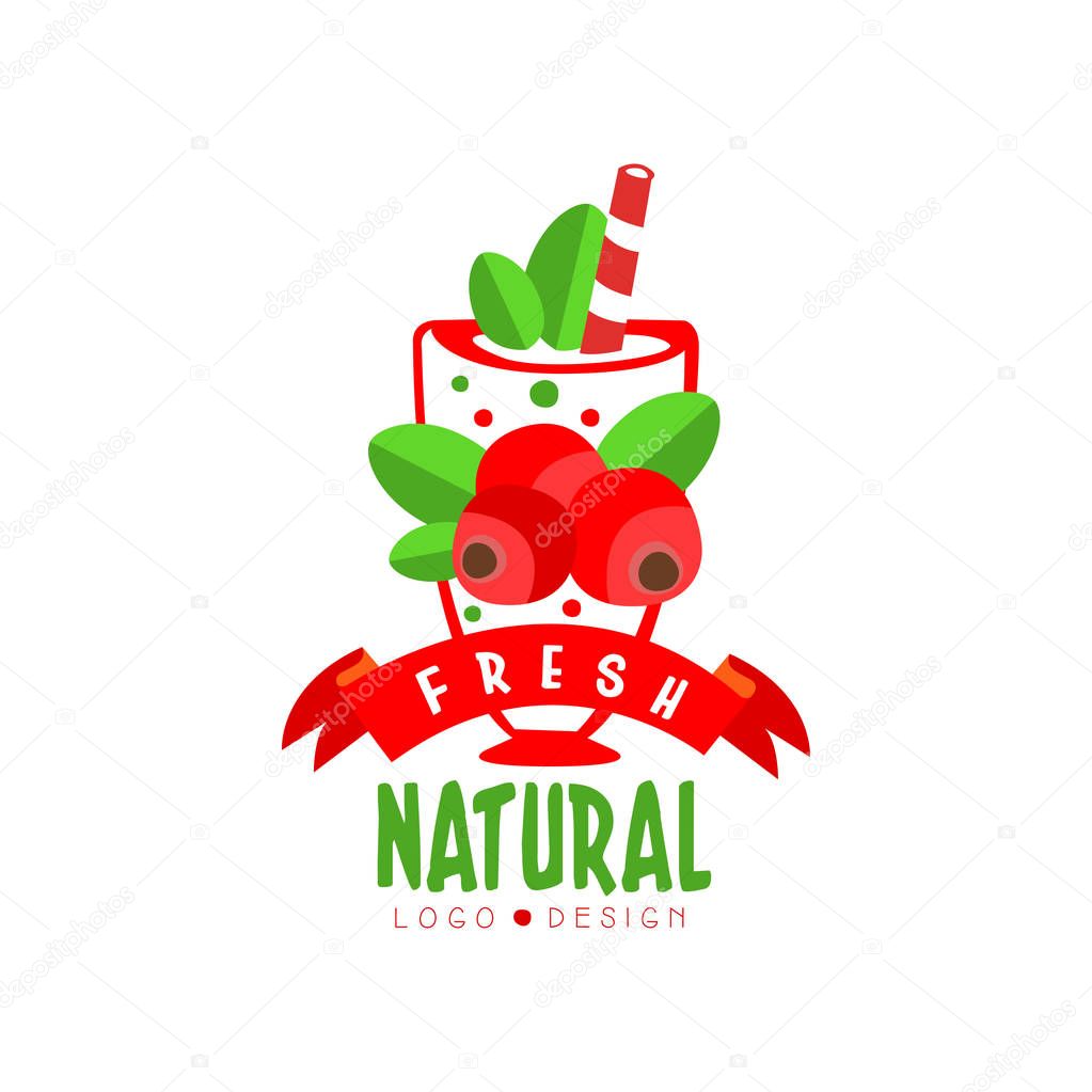 Colorful hand drawn logo with sweet cranberries in glass. Natural fruit beverage. Tasty drink. Vegetarian cocktail. Healthy lifestyle or diet. Vector design for cafe menu, promo poster, product label.