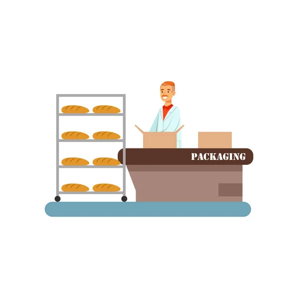 Munkavállaló csomagolás frissen sült kenyér, a dobozok, szakaszában a kenyér előállítási folyamat vektoros illusztráció fehér alapon — Stock Vector