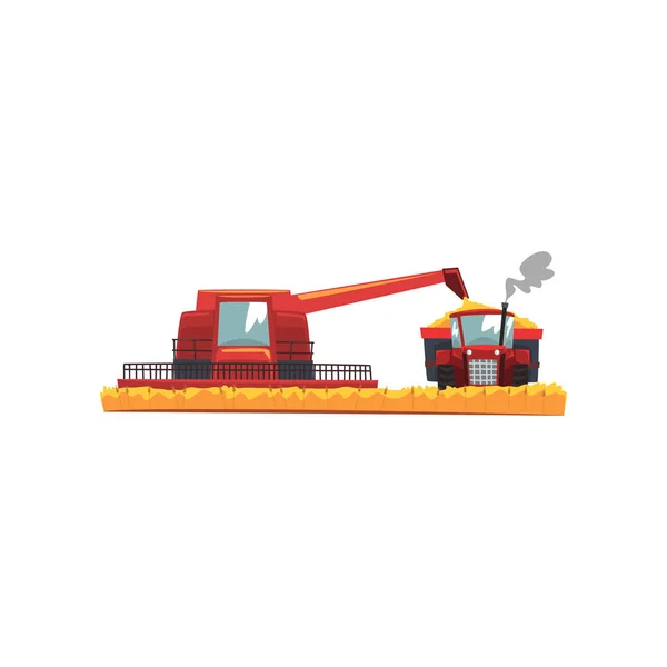 Grain combine harvester and tractor working in field, agricultural machinery vector Illustration on a white background — Stock Vector