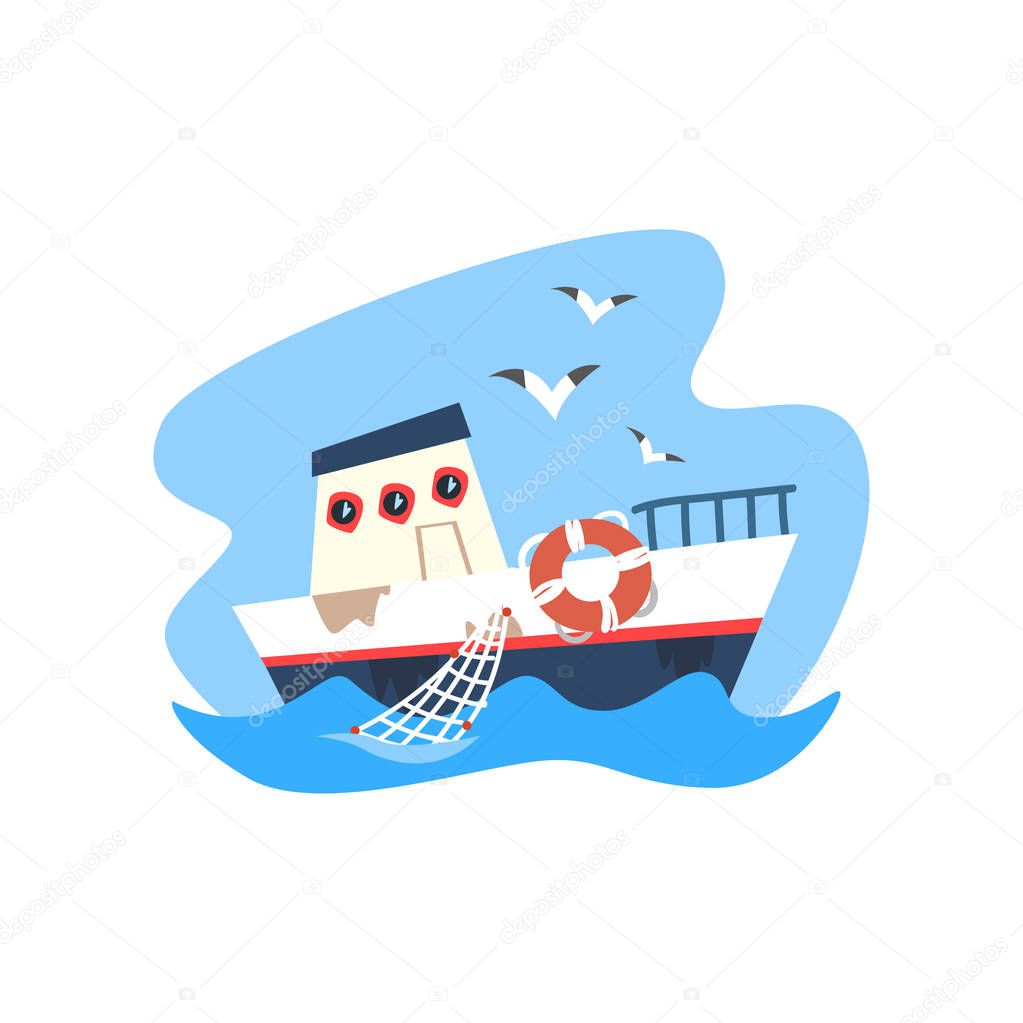 Ship, fishing vessel, seafood production, fish industry vector Illustration on a white background