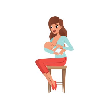 Bir sandalye ve emzirme üzerinde beyaz bir arka plan üzerinde onun bebek vektör çizim oturan genç anne