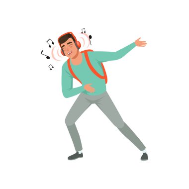 Genç adam dans ve kulaklık ile müzik dinlemek üzerinde beyaz bir arka plan illüstrasyon vektör