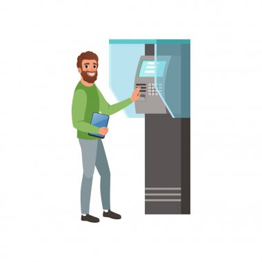 Dijital tablet elinde para Atm para çekme makinesinden alma ile adam sakallı. Bankacılık Tema. Düz vektör tasarımı