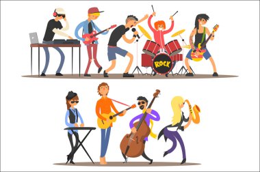 Müzik bant Sahne Alanı'nda, şarkı ve müzik aletleri karikatür vektör çizim beyaz bir arka plan oynarken müzisyenler