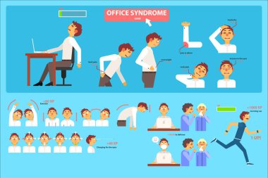 Office Sendromu infographics, işyeri, sağlık ve tıp kavramı vektör çizim oturma yanlış
