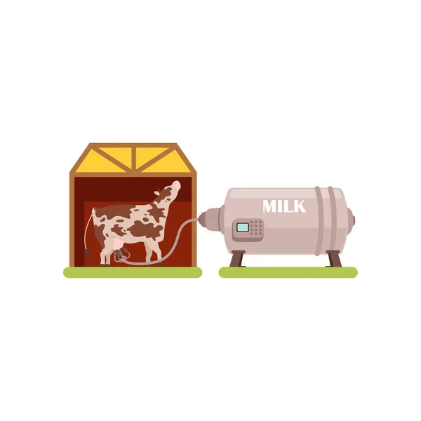 Cow and a milking machine, production of milk, dairy industry vector Illustration on a white background — Stock Vector