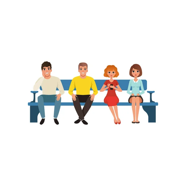 Fila de quatro pessoas sentadas no banco azul. Personagem de desenhos animados de homens e mulheres jovens. Desenho vetorial plano colorido —  Vetores de Stock