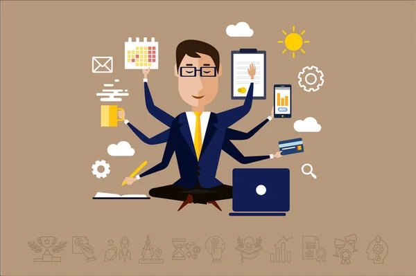 Multitasking businessman with many hands, time management concept vector Illustration in flat style — Stock Vector