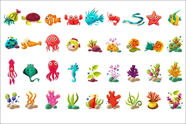 Zee schepsel grote reeks, kleurrijke cartoon Oceaan dieren, planten en vissen vector illustraties op een witte achtergrond — Stockvector