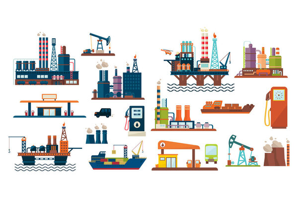 Oil industry set, extraction, refinery and transportation oil and petrol with gas station, vector Illustrations on a white background