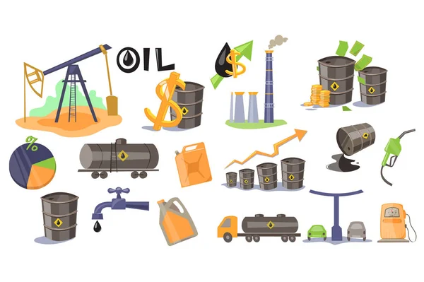 Industria petrolifera set, estrazione, raffineria, produzione e vendita di petrolio e prodotti petroliferi vettore Illustrazioni su sfondo bianco — Vettoriale Stock