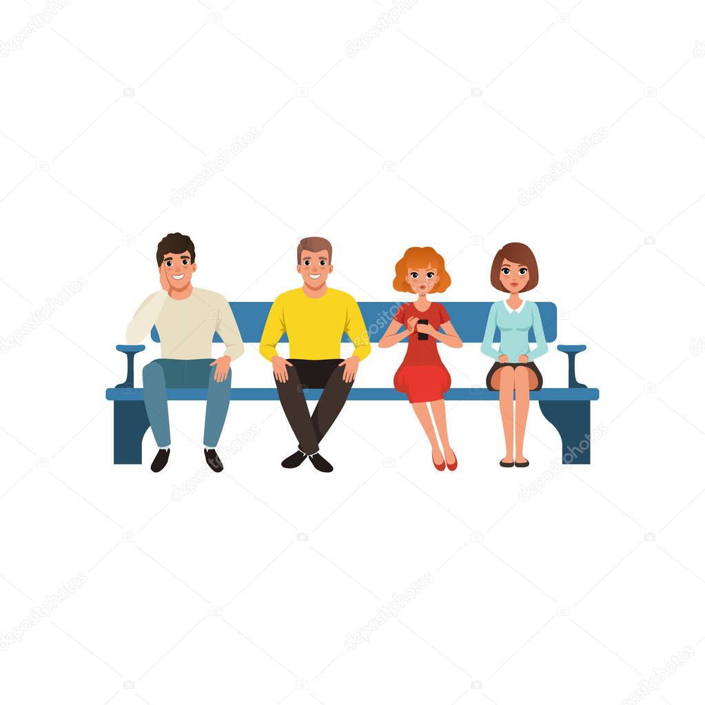 Queue of four people sitting on blue bench. Cartoon character of young men and women. Colorful flat vector design