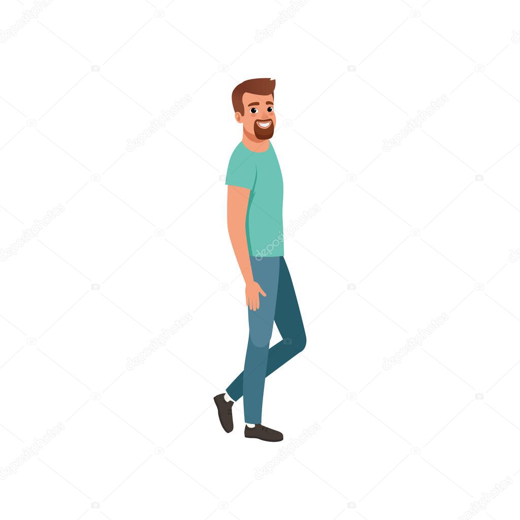 Young bearded man standing sideways. Cartoon character in jeans and t-shirt. Colorful flat vector design