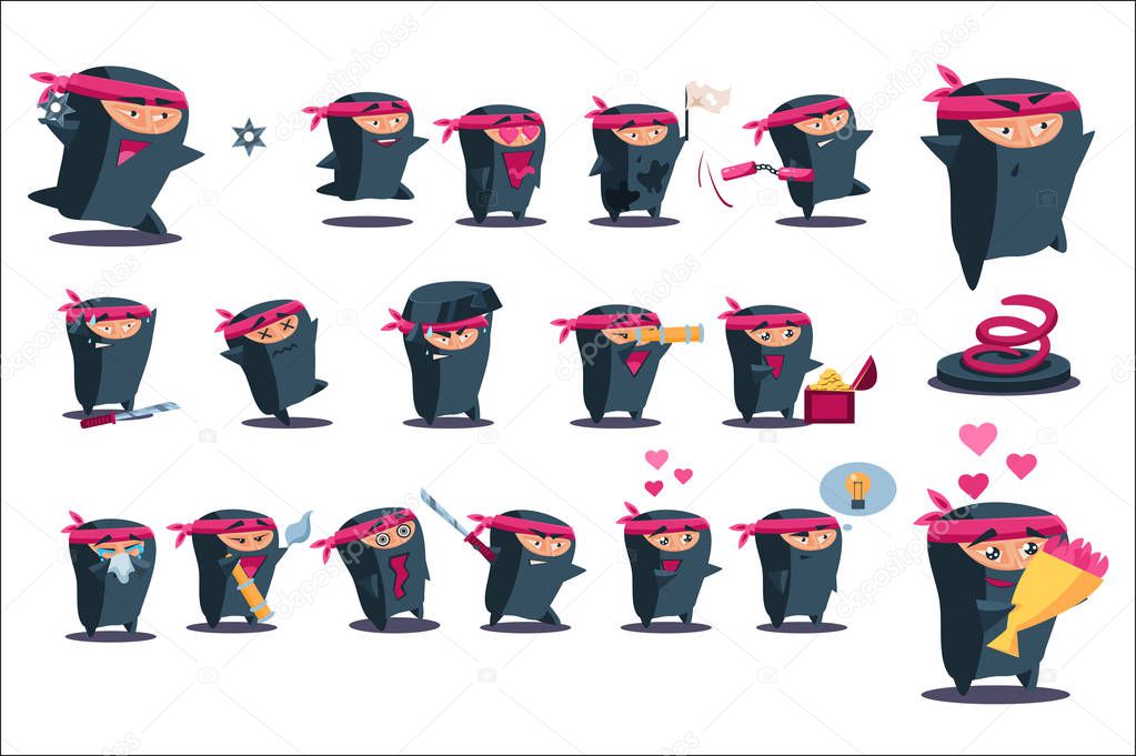 Ninja set, japanese warrior wearing mask and traditional clothes, samurai character in different situations and various emotions vector Illustrations