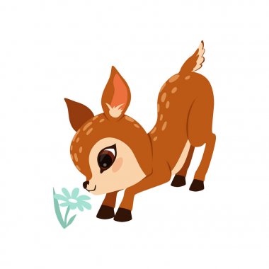 Cute little fawn character sniffing flower vector Illustration on a white background clipart