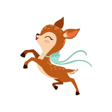 Cute little fawn character with bow on his neck running vector Illustration on a white background clipart