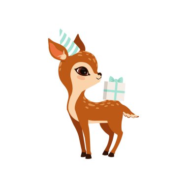 Cute little fawn character wearing party hat with gift box vector Illustration on a white background clipart