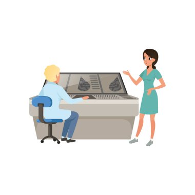 Doktorlar bir tıbbi muayene, mamografi bilgi, meme kanseri tanısında sonuçlarını tartışıyor üzerinde beyaz bir arka plan illüstrasyon vektör