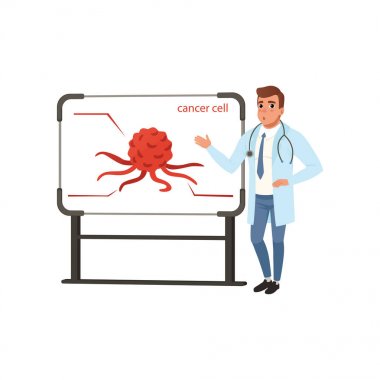 Genç onkolog doktor kanser hücre vektör çizim beyaz bir arka plan hakkında sunu