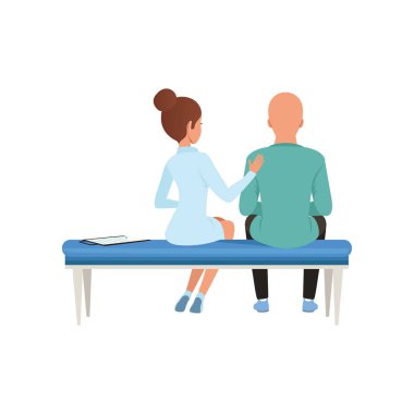 Kanserli hasta, kel adam danışmanlık kemoterapi, Onkoloji tedavisi, tedavi sonra doktor üzerinde beyaz bir arka plan illüstrasyon vektör