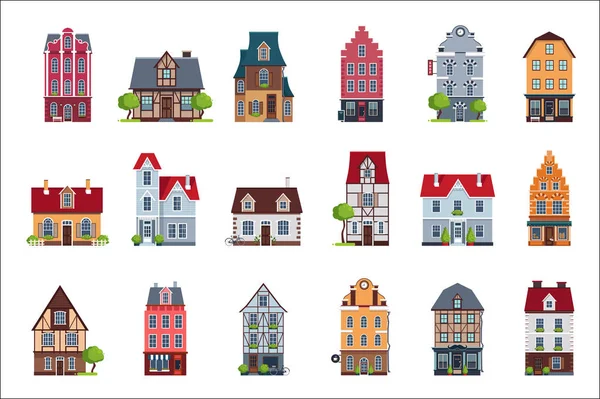 Europejskiej stare domy elewacji, kolorowe domy różnych stylów architektonicznych ilustracje wektorowe na białym tle — Wektor stockowy