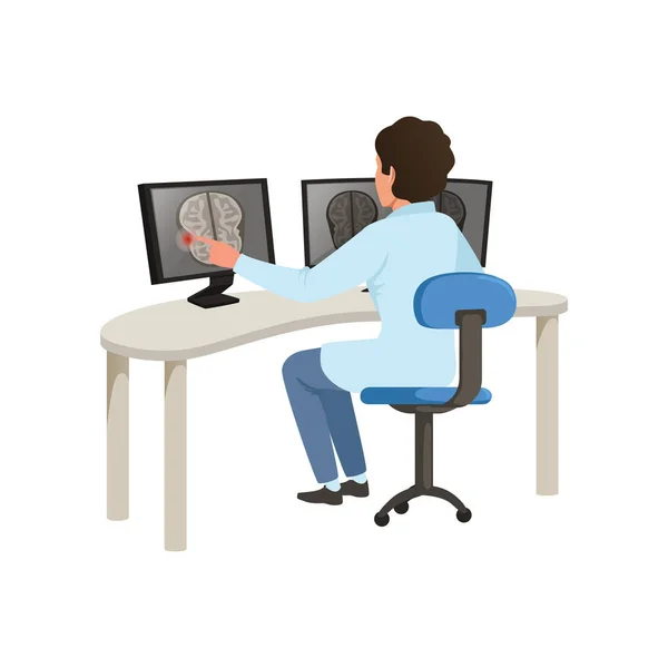 Male doctor checking MRI results of brain scan on a computer screens, healthcare and medicine concept vector Illustration on a white background — Stock Vector