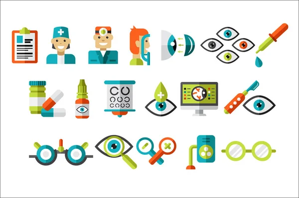 Set oftalmologia, trattamento e correzione della vista, oftalmologo attrezzature vettore Illustrazioni su sfondo bianco — Vettoriale Stock