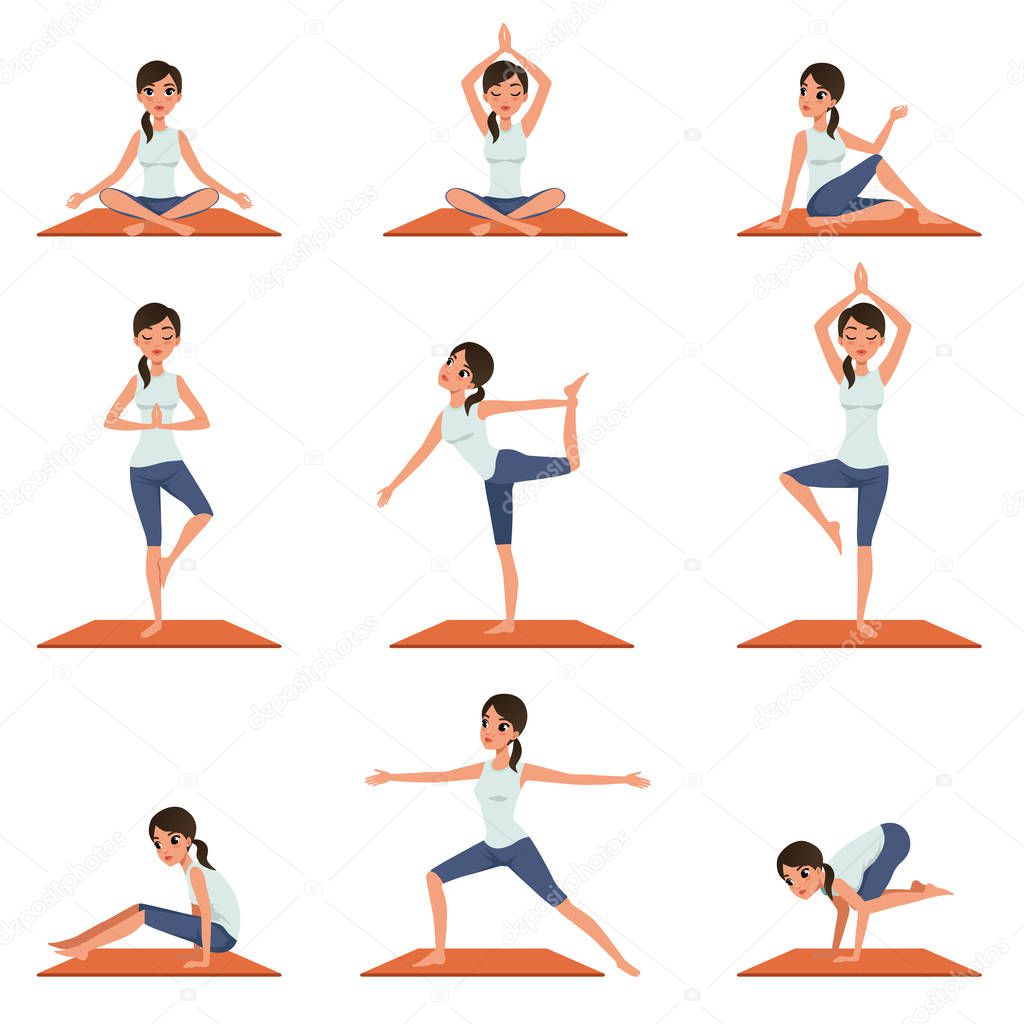 Set with young girl in different poses of yoga. Beautiful woman doing physical exercises. Flat vector design isolated on white.