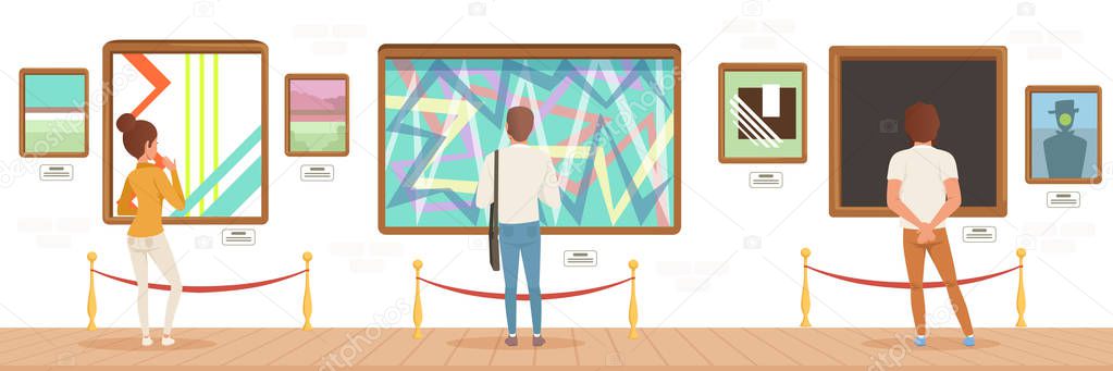 Museum visitors standing in modern art gallery in front of colorful paintings, people attending museum horizontal vector Illustration