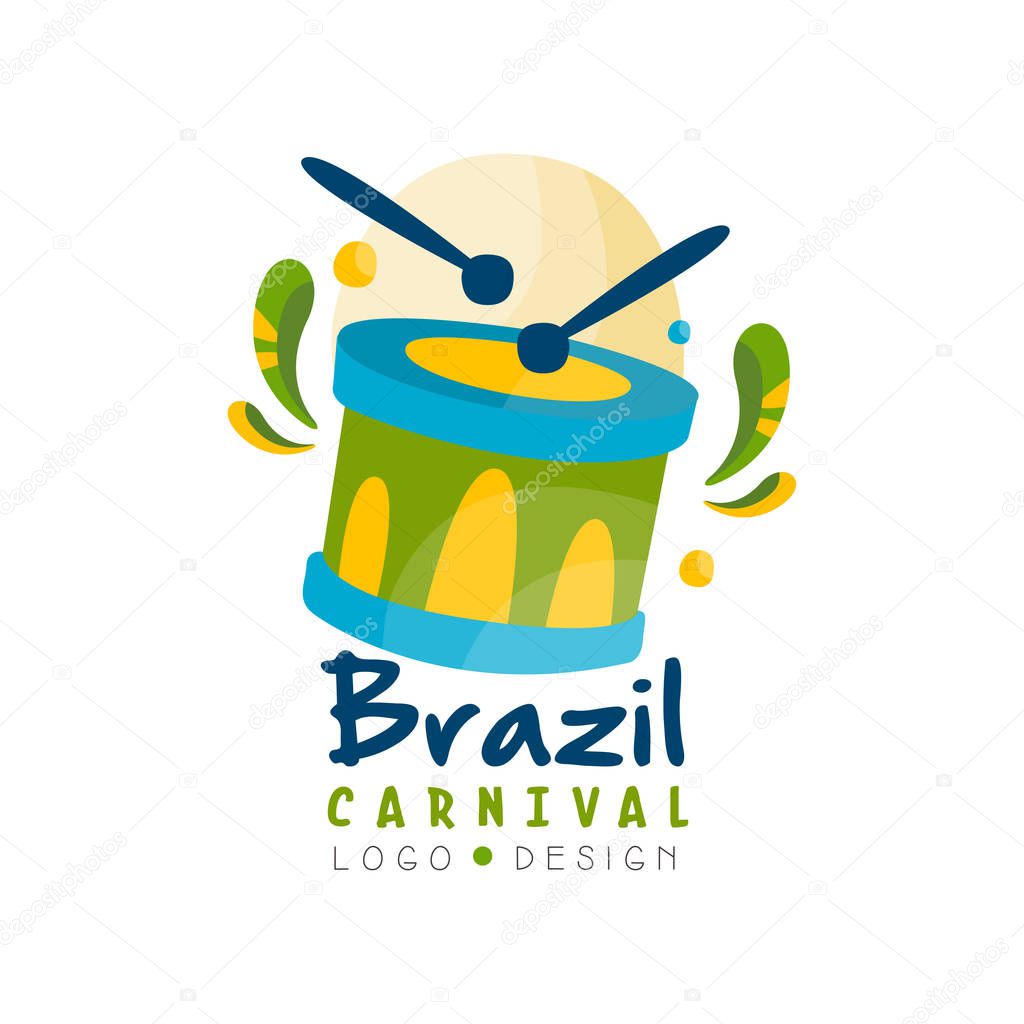 BrazilCarnival logo design, bright festive party banner, poster with drum vector Illustration isolated on a white background.