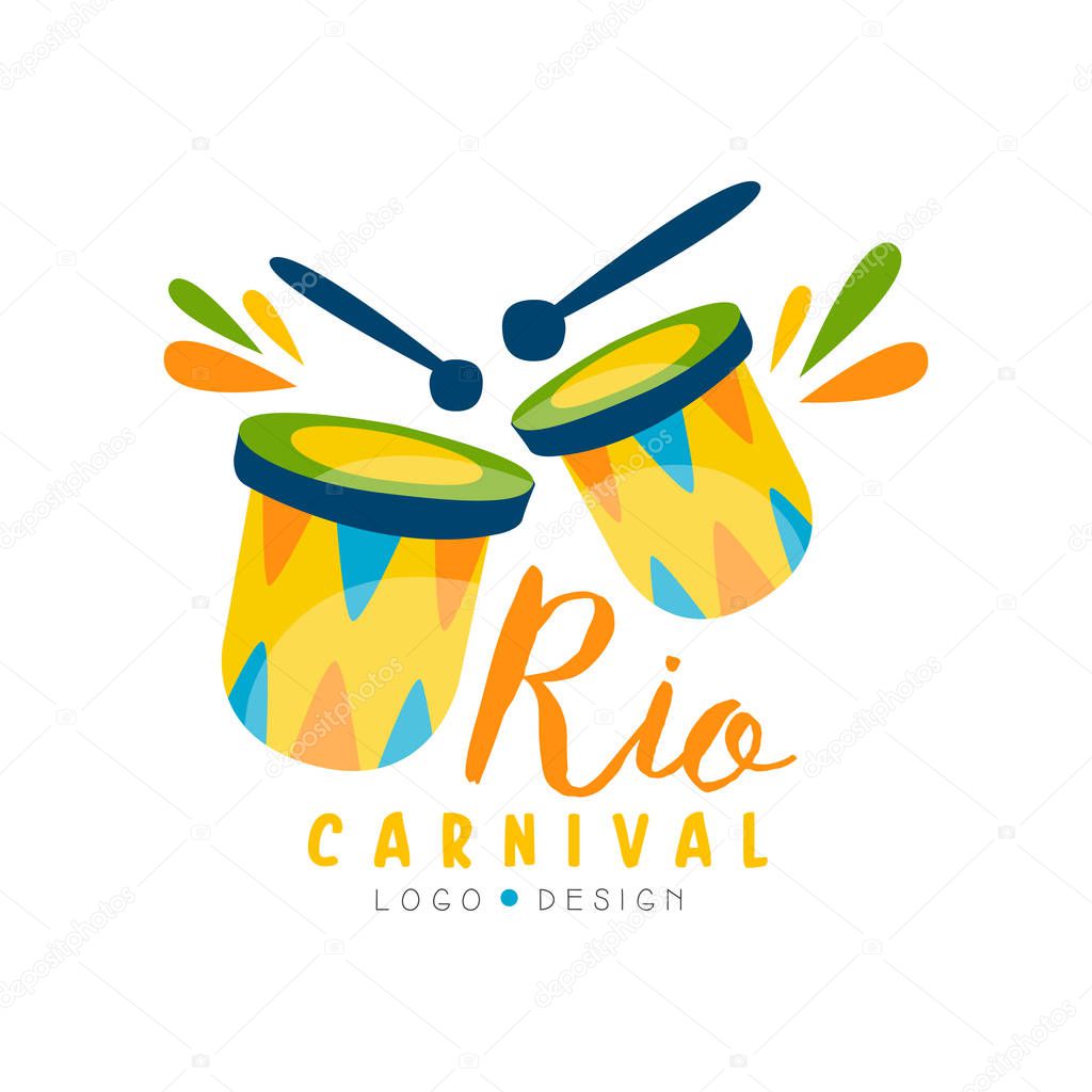 Rio Carnival logo design, bright festive party banner or poster with drums vector Illustration isolated on a white background.