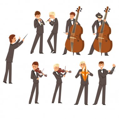 Senfonik orkestra ve orkestra müzisyenleri, çeşitli müzik aletleri oynayan insanlar üzerinde beyaz bir arka plan illüstrasyon vektör