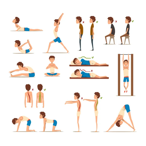 Ensemble d'exercices pour adolescent, posture correcte et incorrecte de la colonne vertébrale, exercice de réadaptation pour les maux de dos et amélioration du vecteur de posture Illustrations sur fond blanc — Image vectorielle