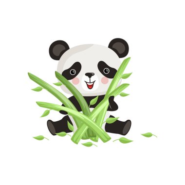 Katta oturan ve yeşil bambu tutan sevimli panda yapışır. Çizgi film karakteri tropikal hayvan. Flatvector tasarımı için yazdırma veya etiket