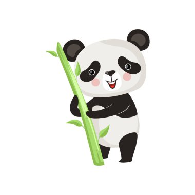 Yeşil Bambu stick ile Panda ayakta gülümseyerek. Siyah ve beyaz Egzotik ayının çizgi film karakteri. Düz vektör tasarımı