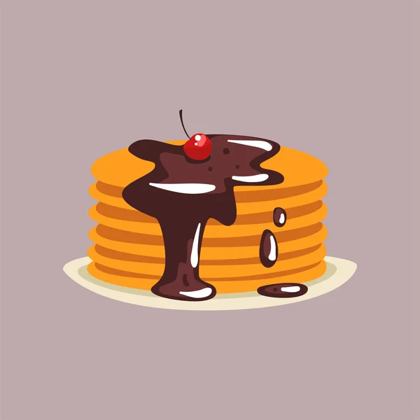 Färsk läckra pannkakor med choklad och körsbär på en tallrik, traditionell frukostmat vektor Illustration — Stock vektor
