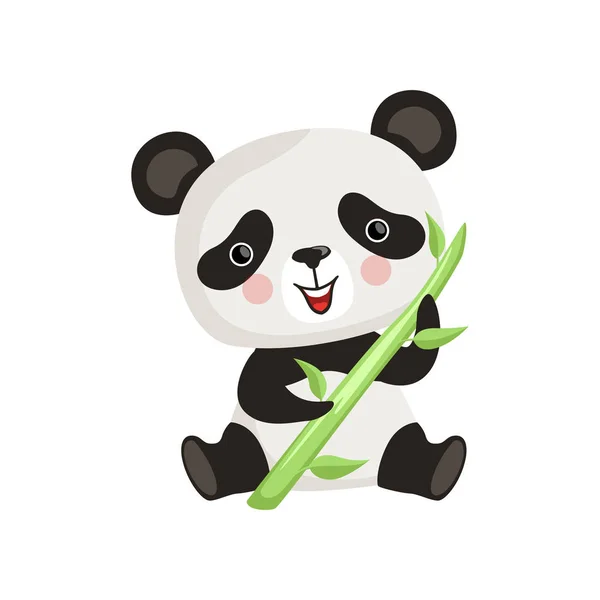 Panda with pink cheeks sitting on floor and holding green bamboo stick. Tropical animal. Flat vector design for children book or postcard