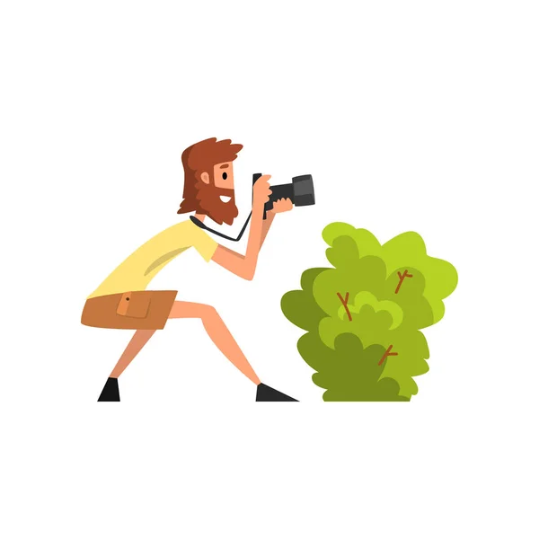 Professional male photographer paparazzi with camera hiding in ambush and making sensational shot vector Illustration on a white background. — Stock Vector