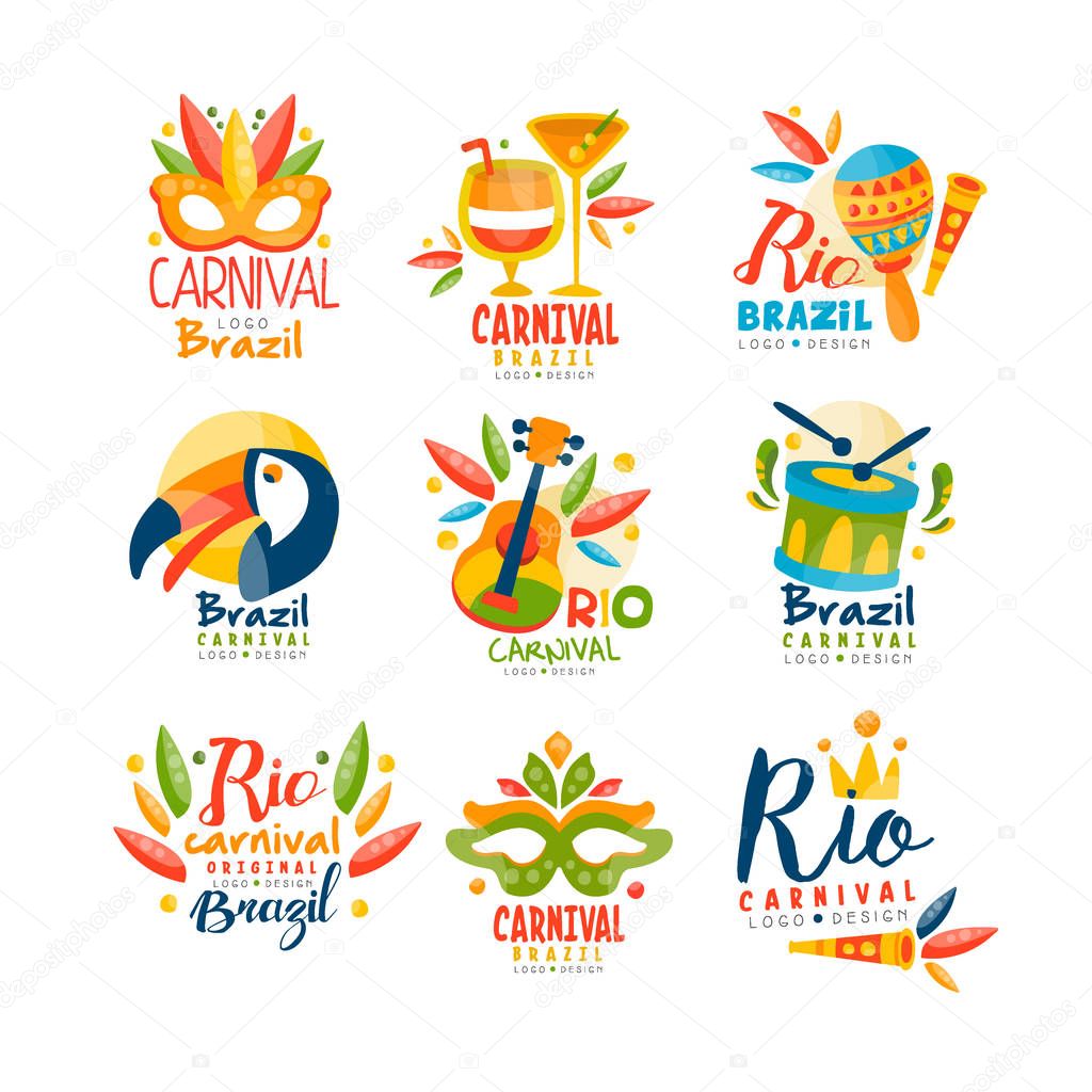 Brazil, Rio Carnival logo design set, bright festive party banner with masquerade masks, maracas, toucan, musical instruments vector Illustration isolated on a white background.