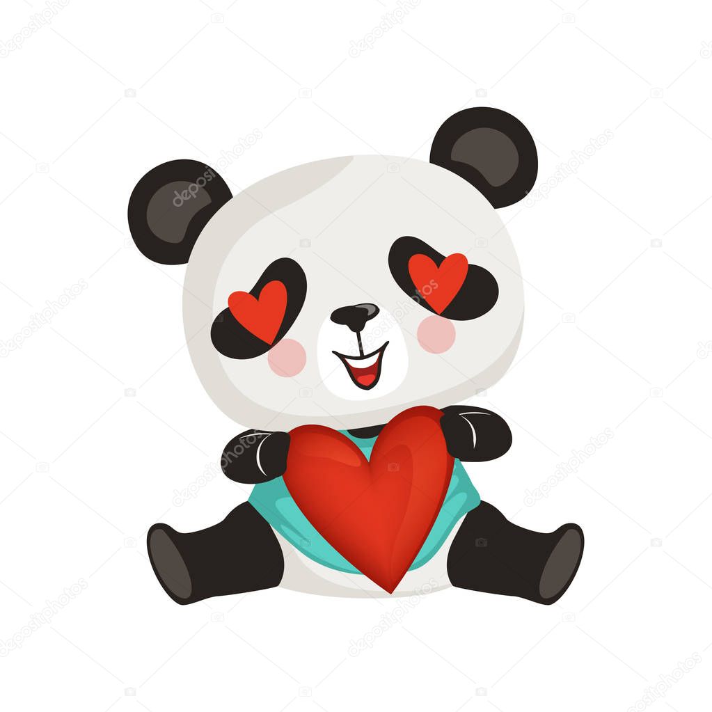 Adorable panda holding red heart. Cute enamored bamboo bear. Cartoon exotic animal. Flat vector design for greeting card, sticker or print