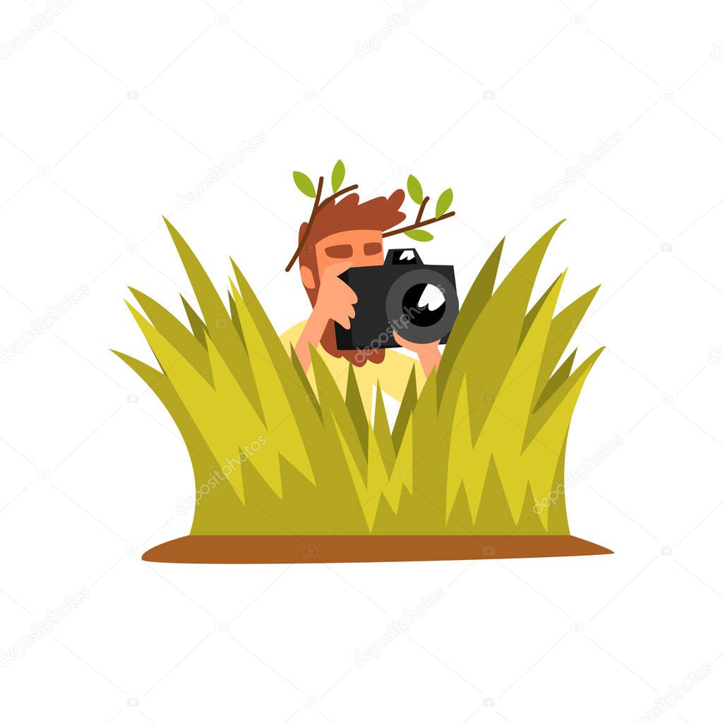 Professional male photographer paparazzi hiding in tall grass with photo camera vector Illustration on a white background