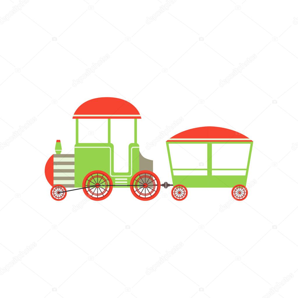 Childrens passenger toy train, green and red cartoon railroad toy with locomotive vector Illustration on a white background