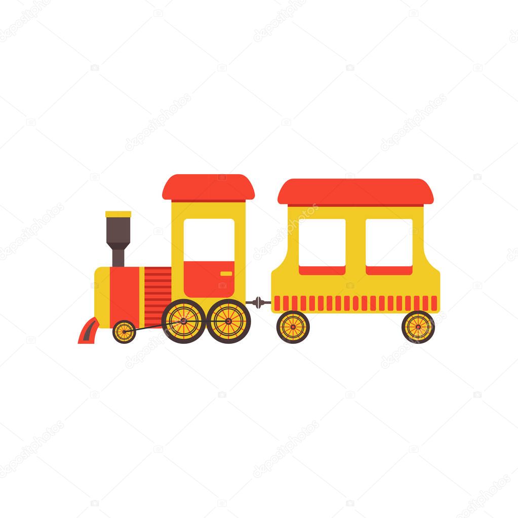 Childrens cute cartoon toy cargo train, yellow railroad toy with locomotive vector Illustration on a white background