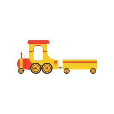 Sarı oyuncak kargo tren, lokomotif vektör çizim beyaz bir arka plan üzerinde demiryolu oyuncakla çocuklar çizgi film