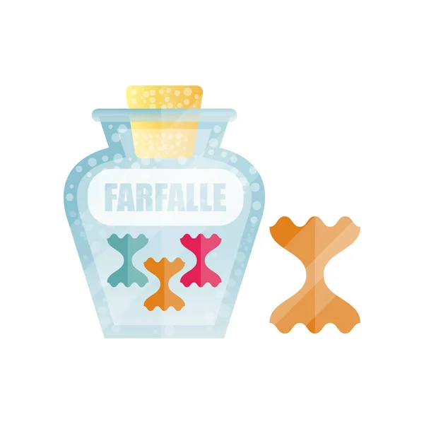 Farfalle dry pasta in a transparent glass container with lid and name, traditional Italian cuisine menu, food vector Illustration — Stock Vector