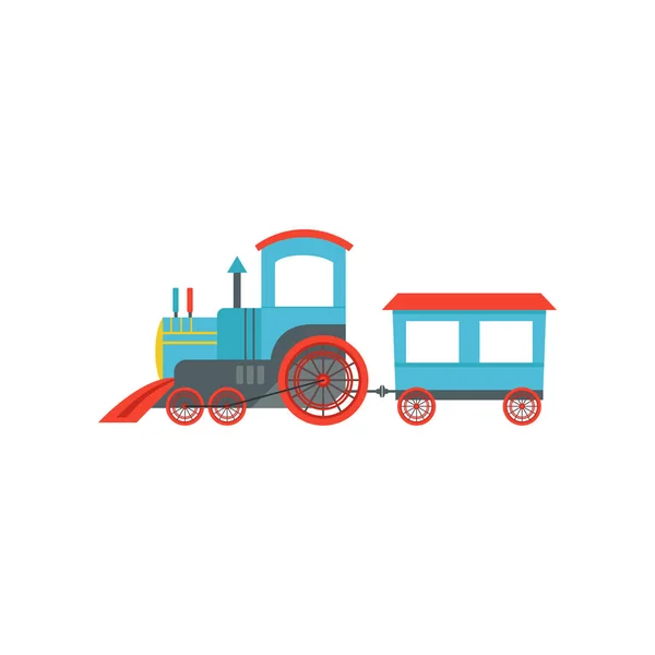 Niños lindo juguete de dibujos animados tren de pasajeros, azul y rojo ferrocarril juguete con vector locomotora Ilustración sobre un fondo blanco — Vector de stock