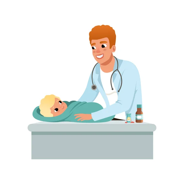 Mannelijke kinderarts doen medisch onderzoek van de baby op het kantoor van artsen, gezondheidszorg voor kinderen vector illustratie op een witte achtergrond — Stockvector