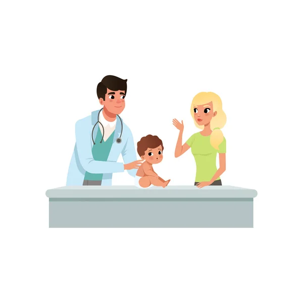 Hombre pediatra haciendo examen médico de niño o niña en el consultorio médico, cuidado de la salud para los niños vector Ilustración sobre un fondo blanco — Archivo Imágenes Vectoriales